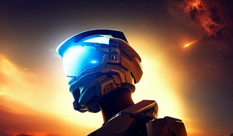 Image similar to cyberpunk halo helmet on space, planet behind, close shot, reflection, epic, dramatic, cinematic, award winning, ultra detailed, realistic, 8k,