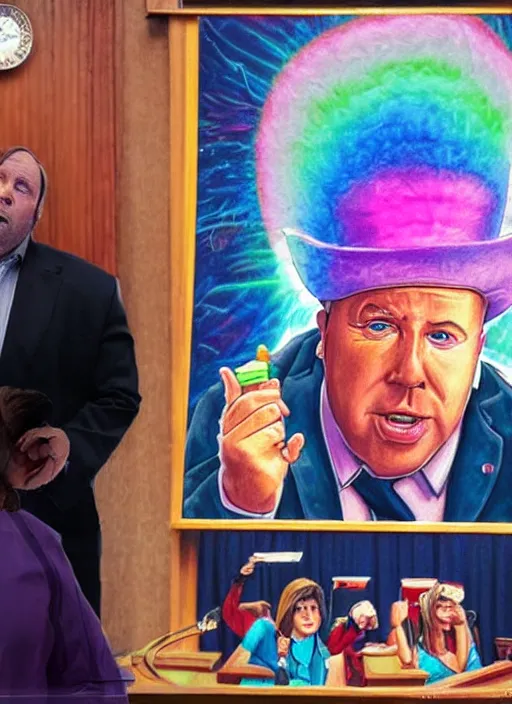 Prompt: old alex jones on the stand in court by lisa frank, realistic, 8k, photoreal