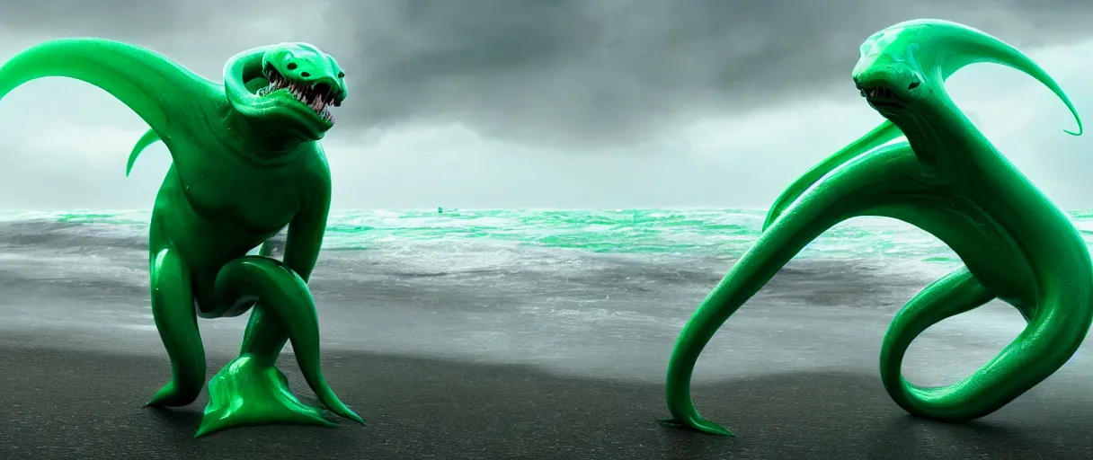 Image similar to a stunning cinematic extreme wide shot of an adorable confused slick sleek smooth green and jade humanoid sea monster wearing clothes made of seaweed on a dark stormy beach, well designed perfect with huge luminous sad eyes, sharp claws, cgsociety, hd octane render, fantasy, furry art, artstation, deviantart, furaffinity, very very clean, super smooth, thunderclouds