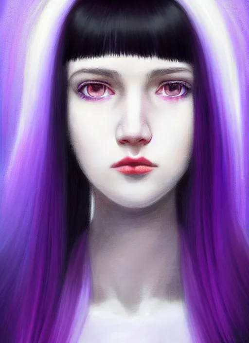 Image similar to hair whitebangs hair, black hair, blackbangswhitehair, portrait of teenage girl with white bangs, red irises, purple clothes, white bangs, bangs are different color from hair, intricate, elegant, glowing lights, highly detailed, digital painting, artstation, concept art, sharp focus, illustration, art by wlop, mars ravelo and greg rutkowski