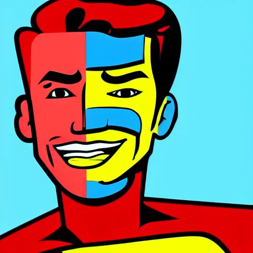 Image similar to pop art cartoon style, handsome, superhero, male with sharp chin, big smile, cartoon network, portrait