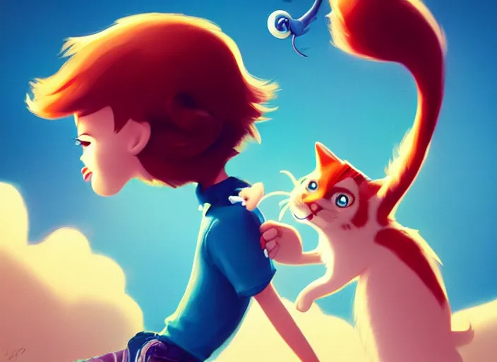 Image similar to pixar cartoon character of a tomboy girl being happy with a cat. style by petros afshar, christopher balaskas, goro fujita, and rolf armstrong.