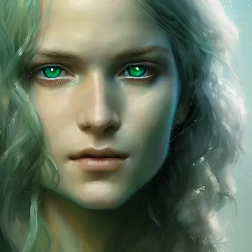 Prompt: portrait of a beautiful young woman with bright blue eyes, flowing white hair, dressed in a green, detailed face, fantasy, highly detailed, cinematic lighting, digital art painting by greg rutkowski, trending on artstation, very very beautiful, very attractive