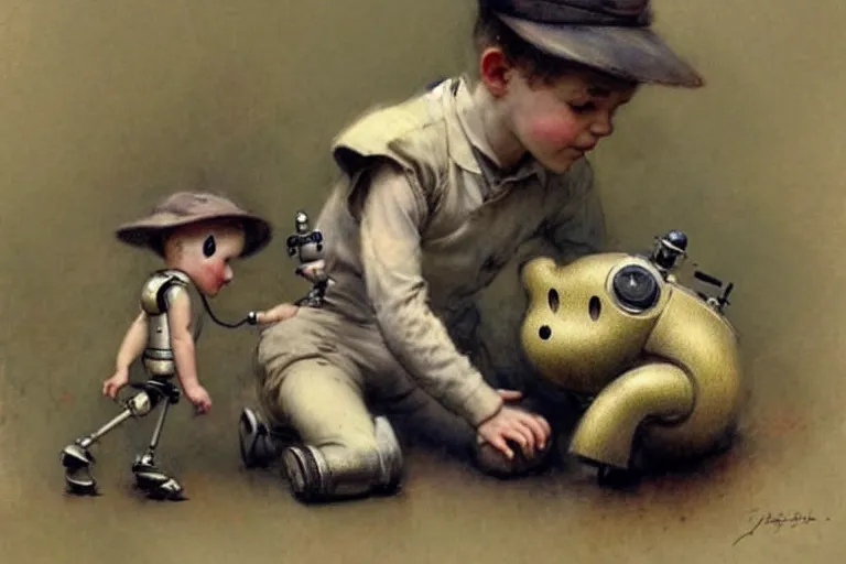 Image similar to (((((1950s boy and his small pet robot . muted colors.))))) by Jean-Baptiste Monge !!!!!!!!!!!!!!!!!!!!!!!!!!!