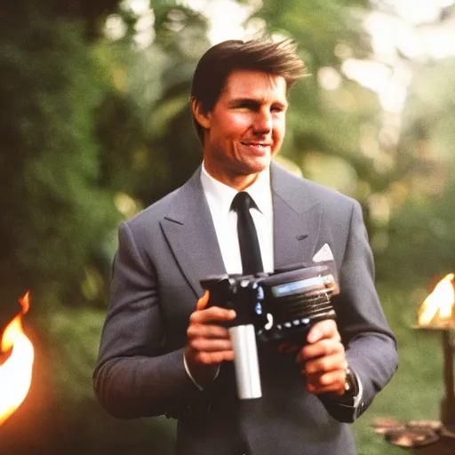 Prompt: photo of tom cruise holding a tiki torch cinestill, 8 0 0 t, 3 5 mm, full - hd