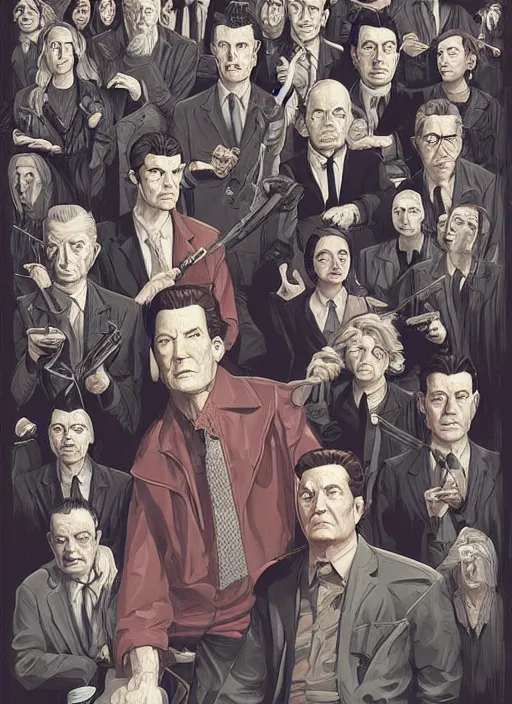 Image similar to Twin Peaks movie poster artwork by Michael Whelan and Tomer Hanuka, Rendering of secret cult club of snake worshippers, from a scene from Twin Peaks, clean, full of detail, Matte painting, trending on artstation and unreal engine