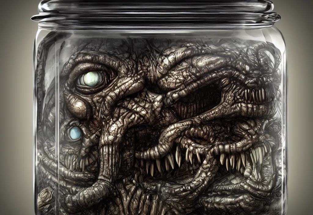 Image similar to Photorealistic miniature monster inside a jar on clean background by H.R. Giger, KDA and Sam Yang, trending on artstation