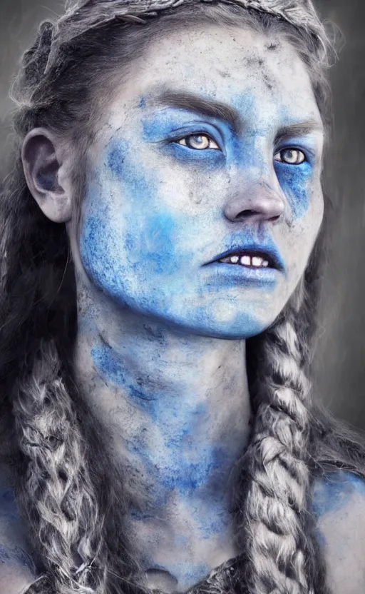 Prompt: photorealistic portrait of female viking warrior with large sad blue eyes, dirty skin, shoulders