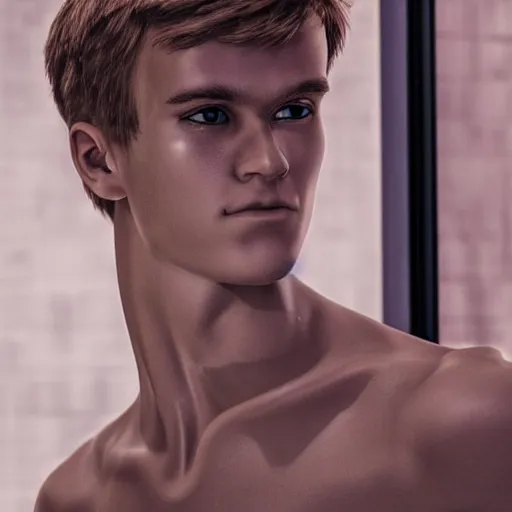 Image similar to a realistic detailed photo of a guy who is an attractive humanoid who is half robot and half humanoid, who is a male android, soccer player martin ødegaard, shiny skin, posing like a statue, blank stare, by the pool, on display, showing off his muscles, humanoid robot, hypnotized