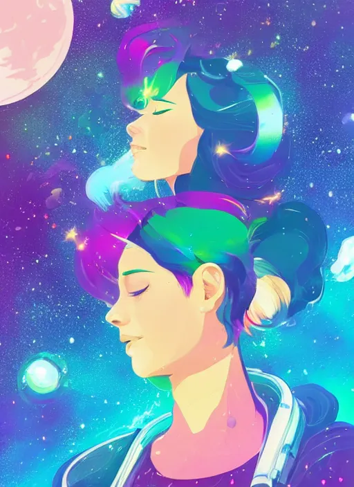 Prompt: a beautiful woman with rainbow hair floating in space. she is an astronaut, wearing a space suit. clean cel shaded vector art. shutterstock. behance hd by lois van baarle, artgerm, helen huang, by makoto shinkai and ilya kuvshinov, rossdraws, illustration, art by ilya kuvshinov