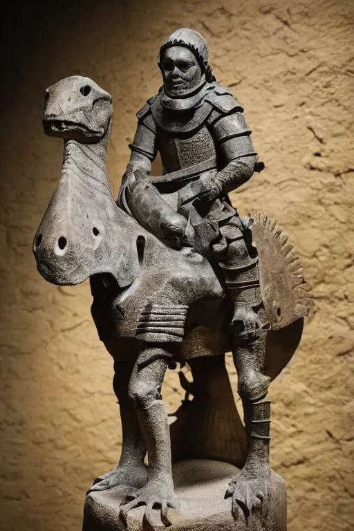 Image similar to medieval Norman, circa 1200, photo of stone carved statue, of a night in armor riding a dinosaur, romanesque style, in a museum room