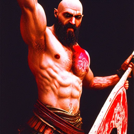 Prompt: photo of kratos god of war, cinestill, 800t, 35mm, full-HD