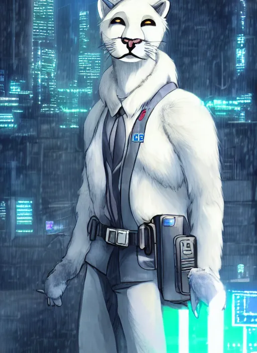 Image similar to character portrait of a male anthro albino mountain lion fursona with a tail and a cute beautiful attractive furry face wearing a cybertech police uniform in a cyberpunk city at night while it rains. hidari, color page, tankoban, 4K, tone mapping, Akihiko Yoshida.