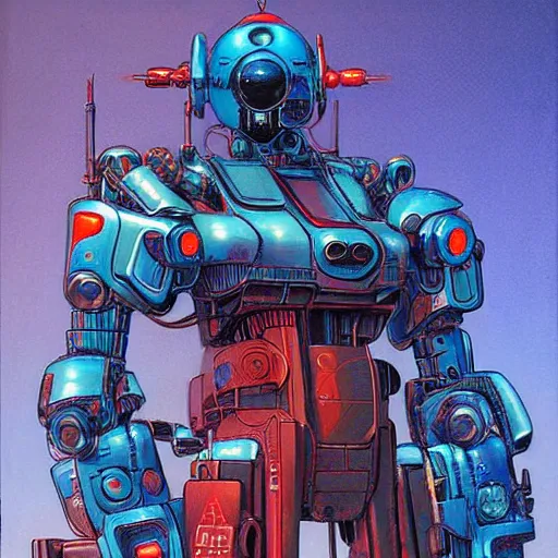 Prompt: arasaka mech, cyberpunk, art by michael whelan, red and blue neon