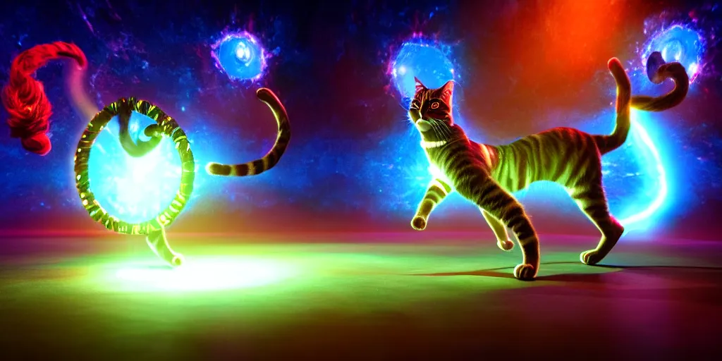 Image similar to 8 k uhd poser, redshift render of shiva the destroyer as a cosmic dancing cat, stage photography, volumetric lighting