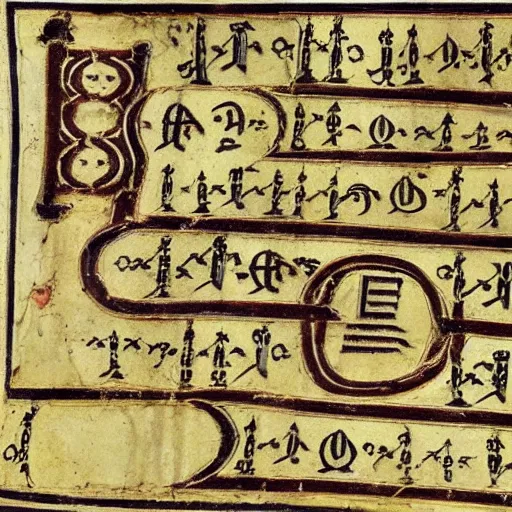 Prompt: page of ancient manuscript diagrams detailed intricate symbols runes crisp features