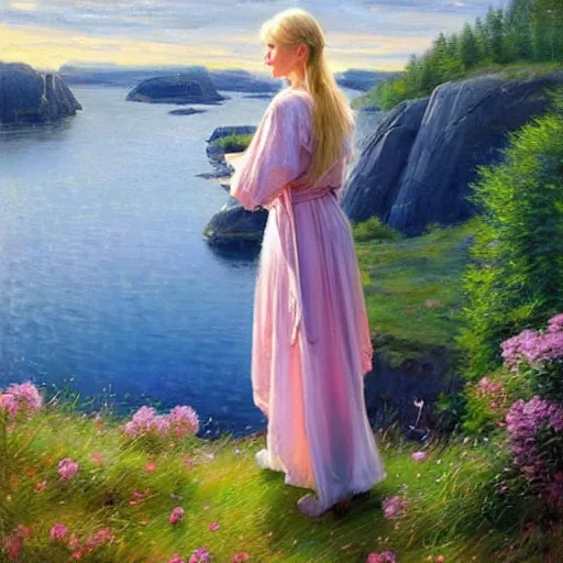 Prompt: blonde female jedi knight watching over the swedish countryside, archipelago, masterpiece, highly detailed, beautiful, atmospheric, impressionism, painting by Vladimir Volegov