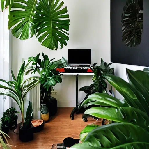 Prompt: a large room with tropical plants and musical equipment, minimal style