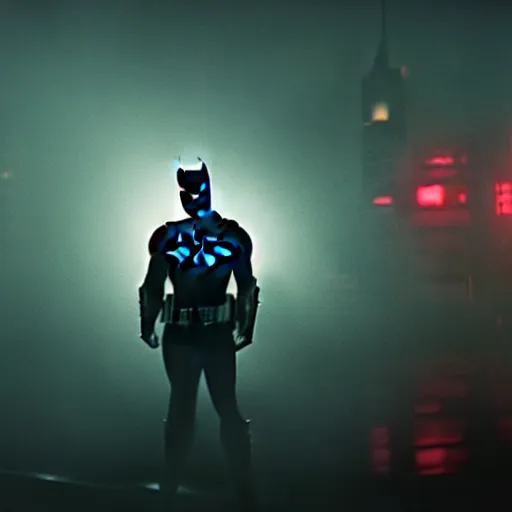 Image similar to film still of batman in blade runner 2 0 4 9, silhouette, cinematic, moody, gritty neon noir by emmanuel lubezki