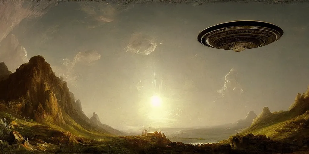 Image similar to Far away giant UFO emerging from the sky over a beautiful landscape by Thomas Cole, by Raphael Lacoste, by Guy Denning