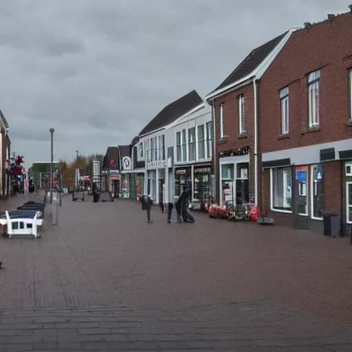 Image similar to hoogveen town center, overcast, photoreal, still from the movie batman