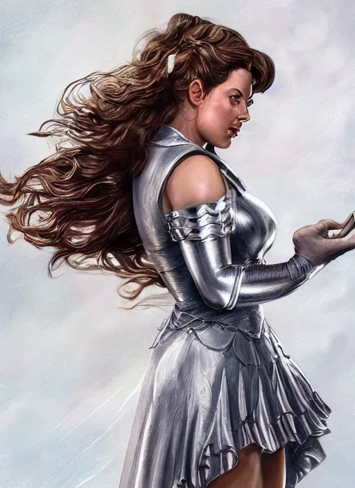 Image similar to beautiful female dorothy gale, rebecca romijn as dorothy, full body character concept, covered in full beautiful silver armor, art nouveau, super powers, fantasy, intricate, elegant, highly detailed, digital painting, artstation, concept art, shining, sharp focus, illustration, art by stanley lau