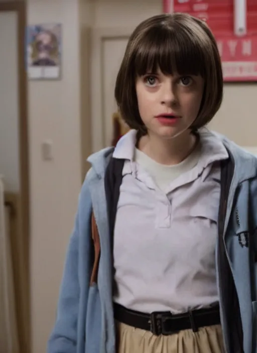 Prompt: film still of zooey channel as Eleven in stranger things,