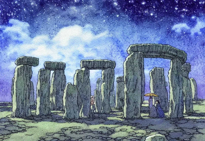 Image similar to a simple watercolor studio ghibli movie still fantasy concept art of stonehenge at the bottom of the ocean. a giant grey cube is floating in the air. it is a misty starry night. by rebecca guay, michael kaluta, charles vess