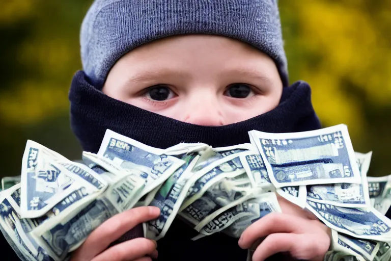 Prompt: A stunning beautiful professional photograph of a kid in a ski mask holding two full bags of cash, from popular magazine, award-winning photography, taken with Leica, sigma art lens, full body shot, highest resolution, highest quality