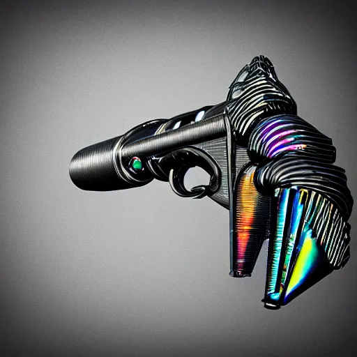 Image similar to unstable exotic matter powered sci - fi ray - gun concept, well defined mechanical features, triadic chrome shading, iridescent liquid energy tank, dark background, softglow, sharp focus, full device, vintage style, charcoal and champagne