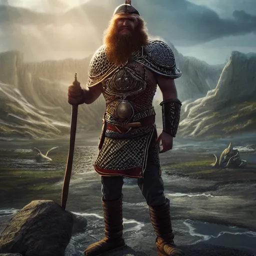 Image similar to an ultra detailed mighty viking standing portrait in front of a highly detailed landscape of a big and structured city inpired by valhalla, big and structured valhalla city, viking heaven, god rays, inspired by norse mythology, portal to outer space, 4k digital art, octane render, trending on artstation, digital art,