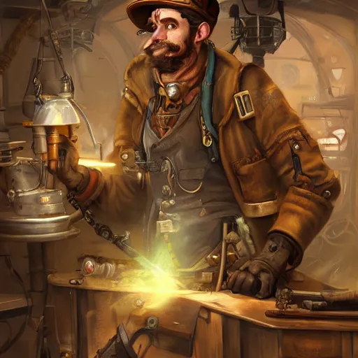 Prompt: a crazy artificer working in his haphazard steampunk workshop, light rays, artstation