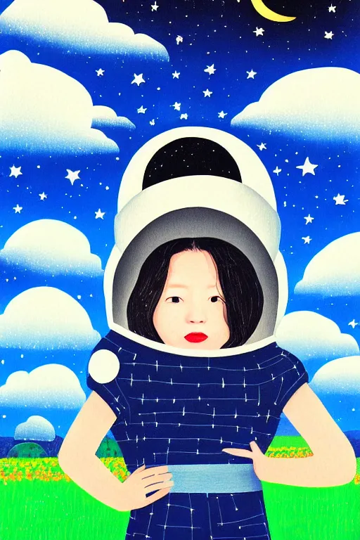 Prompt: portrait of a girl with astronaut helmets by 村 田 莲 尔, cloudy sky background lush landscapeb trending 村 田 莲 尔