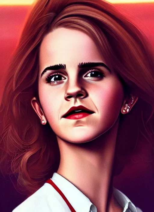 Image similar to portrait of teenage emma watson, long haircut, flowing blonde curly hair, white shirt, red tie, smiling kindly, soviet house at background, 1 9 8 0 s, intricate, elegant, glowing lights, highly detailed, digital painting, artstation, concept art, smooth, sharp focus, illustration, art by wlop, mars ravelo and greg rutkowski