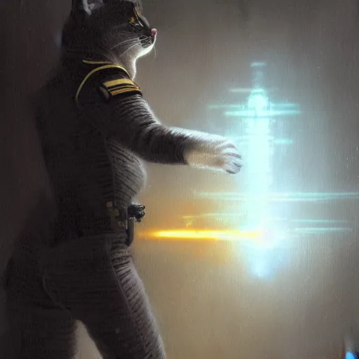 Prompt: UHD photorealistic Feline-Humanoid Starfleet Officer firing a phaser at the borg in the style of tonalism by Greg Rutkowski