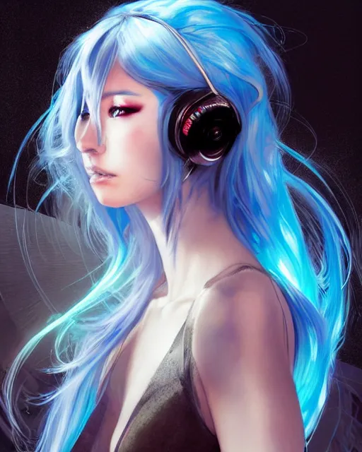 Image similar to stunningly beautiful female dj, blue hair, dj sura, dragon tattoo on her back, laser lights, sharp focus, digital painting, 8 k, concept art, art by wlop, artgerm, greg rutkowski and alphonse mucha