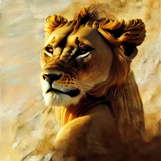 Image similar to highly detailed portrait of a majestic lioness queen in the form of a beautiful woman. d & d, art by augustus edwin mulready and ruan jia. trending on artstation, intricate details, energetic composition, golden ratio, concept art, illustration, elegant art