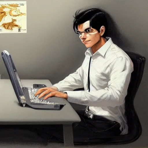 Image similar to a beautiful artwork of a young male scientist with black hair and white shirt sitting at a desk with a laptop by Jerome Opeña, featured on artstation