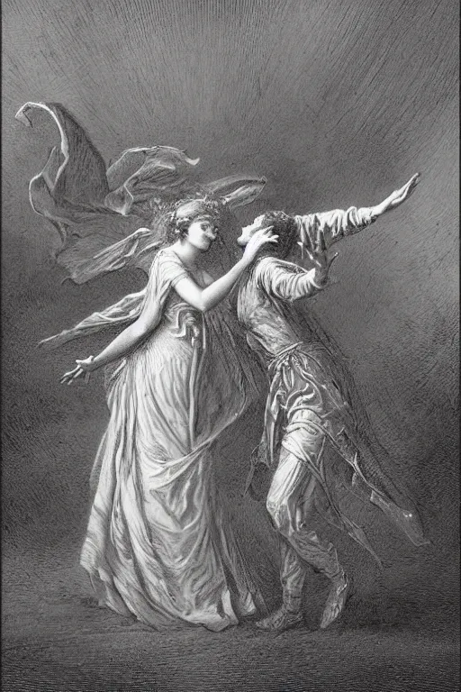 Image similar to A maiden dancing with the devil in the style of Gustave Dore