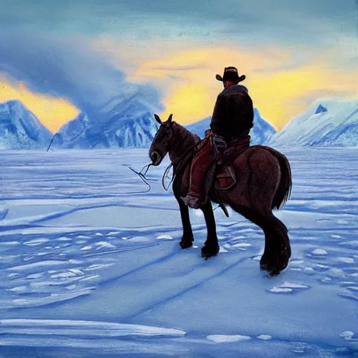 Prompt: old cowboy in the arctic, art by nick dragotta