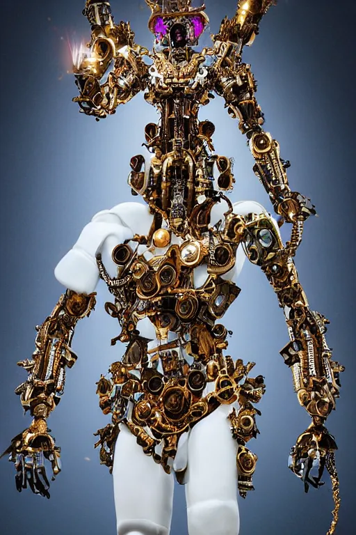 Prompt: baroque and cyberpunk style full-body sculpture of a young seductive Hispanic prince half android with a chest exposing a glowing ruby battery with porcelain arms posed like a model, glowing gold laser eyes, crown of white gears and sparkling diamonds, swirling white-colored silk fabric, robot dinosaurs. modern elements. reflective surfaces. intricate artwork by caravaggio. art by Artgerm and Alphonse Mucha, Trending on artstation, cinematic industrial lighting, photorealistic, octane render, 8k, depth of field, 3D