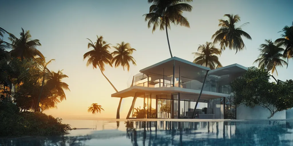 Prompt: modern house in a tropical setting, a view of the beach, coconut trees, sunset, photorealism, beautiful, cinematic dramatic atmosphere, volumetric cinematic perfect light, detailed octane render trending on artstation, 8 k, by chris hytha and jag studio