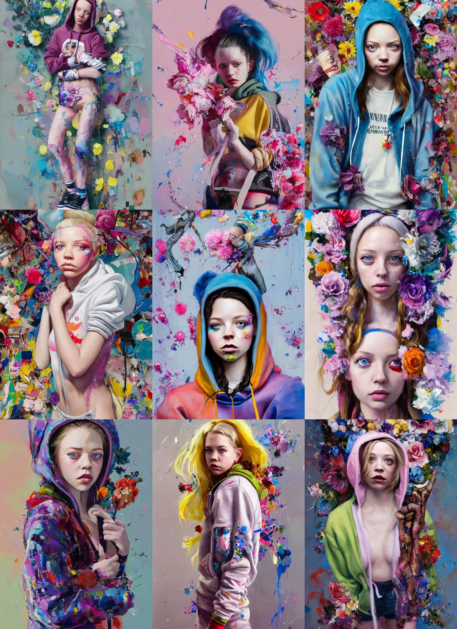 Prompt: 2 5 year old sydney sweeney in style of martine johanna and donato giancola, wearing a hoodie, standing in township street, street fashion outfit, haute couture fashion shoot, full figure painting by john berkey, david choe, ismail inceoglu, decorative flowers, 2 4 mm, die antwoord ( yolandi visser )