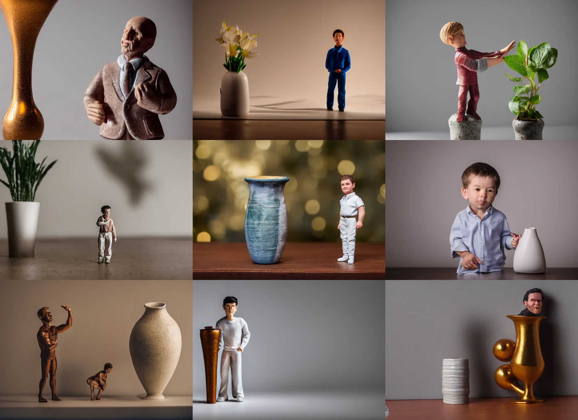 Prompt: photo still of miniature man next to a giant vase, 8 k, studio lighting bright ambient lighting key light, 8 5 mm f 1. 8