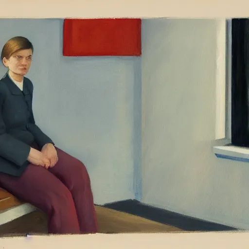 Image similar to A detailed painting by Edward Hopper of a KGB agent sitting in a sunlit room of a soviet blockhouse