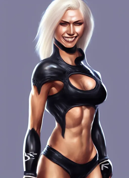 Prompt: a highly detailed illustration of fierce beautiful platinum blonde woman wearing black mma gear, dramatic smile pose, muscular, perfect face, perfect body, intricate, elegant, highly detailed, centered, digital painting, artstation, concept art, smooth, sharp focus, league of legends concept art, wlop