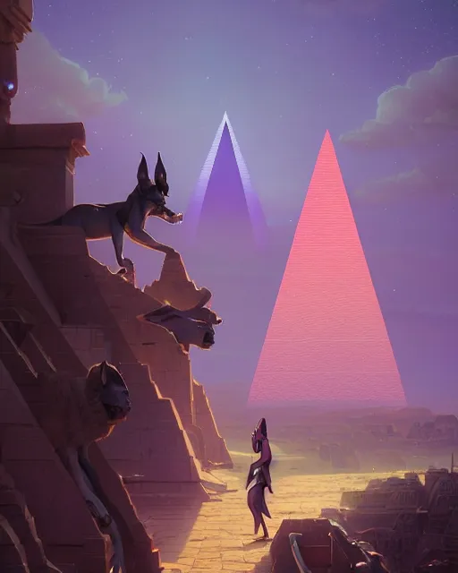 Prompt: highly detailed vfx portrait of anubis with pyramid behind them, sky galaxy purple, unreal engine, greg rutkowski, loish, rhads, beeple, makoto shinkai and lois van baarle, ilya kuvshinov, rossdraws, tom bagshaw, alphonse mucha, global illumination, detailed and intricate environment