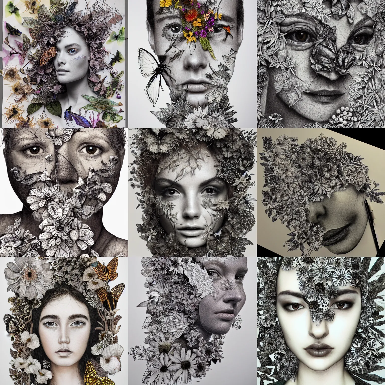 Prompt: 3 d rendered hand cut images of flora and fauna come together in lush and intricate composition of a face, insects, flowers, foliage, captivating, pen and ink doodles, mixed media, hyperrealism mixed with 2 d