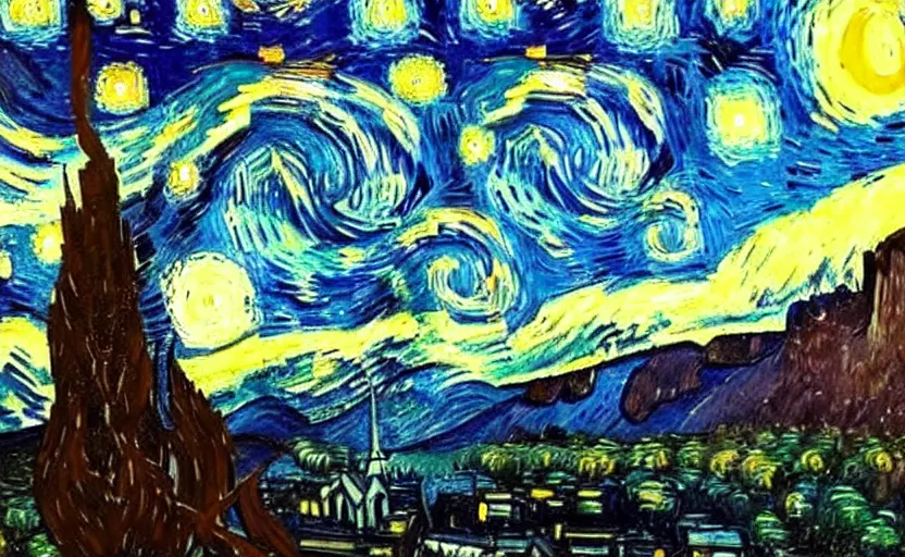 Prompt: yosemite national park at night, painting by van gogh, oil paint,