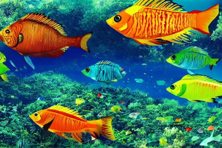 Image similar to ultra realistic underwater photography, panoramic picture of a river with ( subject : one very big exotic brightly coloured fish ). lots of bubbles. wavy, scattered light entering from the water surface, artstation, focus on the fish, extremely hyperrealistic crisply sharp fish, 8 k